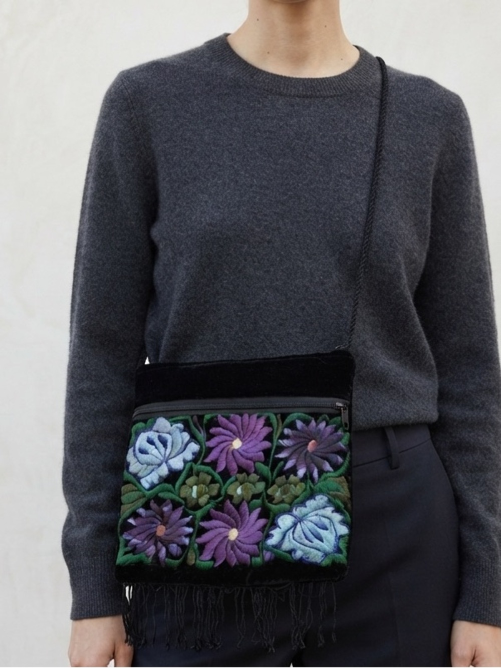 Embroidered Velvet Floral Crossbody‎ Bag in Black and Purple